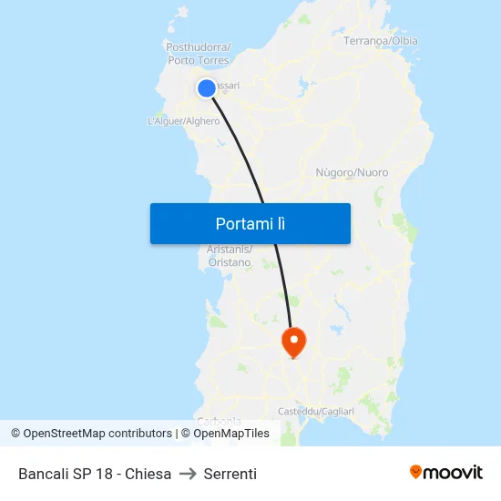 Bancali SP 18 - Chiesa to Serrenti map