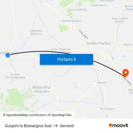 Guspini Is Boinargius Sud to Serrenti map