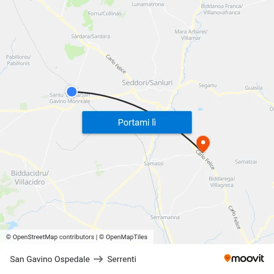 San Gavino Ospedale to Serrenti map