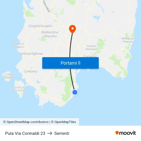 Pula Via Corinaldi 23 to Serrenti map