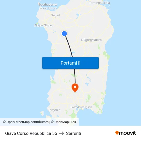 Giave Corso Repubblica 55 to Serrenti map
