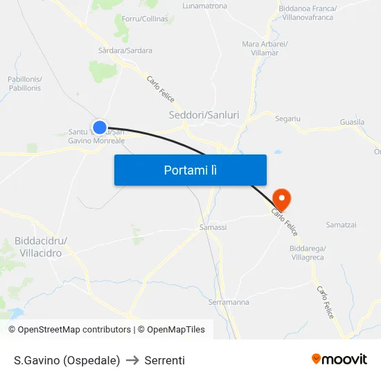 S.Gavino (Ospedale) to Serrenti map