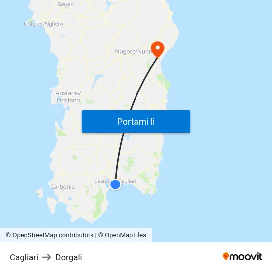 Cagliari to Dorgali map