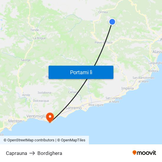 Caprauna to Bordighera map