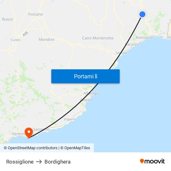 Rossiglione to Bordighera map