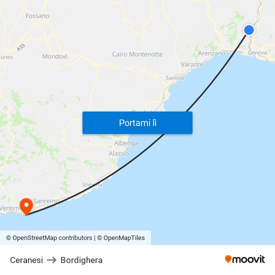 Ceranesi to Bordighera map