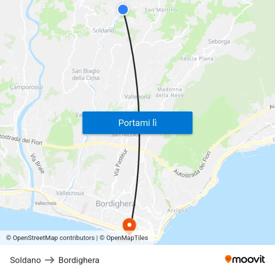 Soldano to Bordighera map