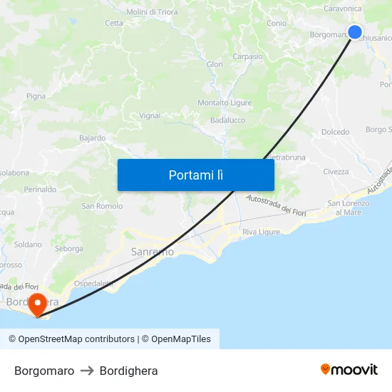 Borgomaro to Bordighera map