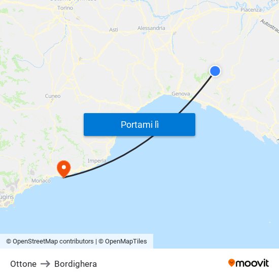 Ottone to Bordighera map