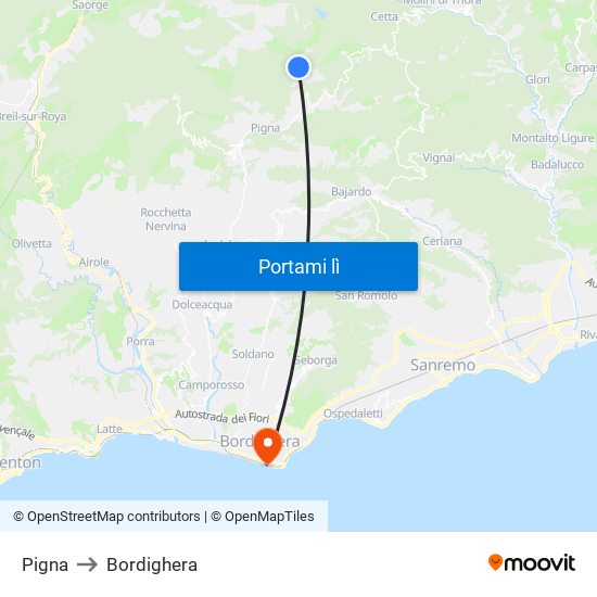 Pigna to Bordighera map