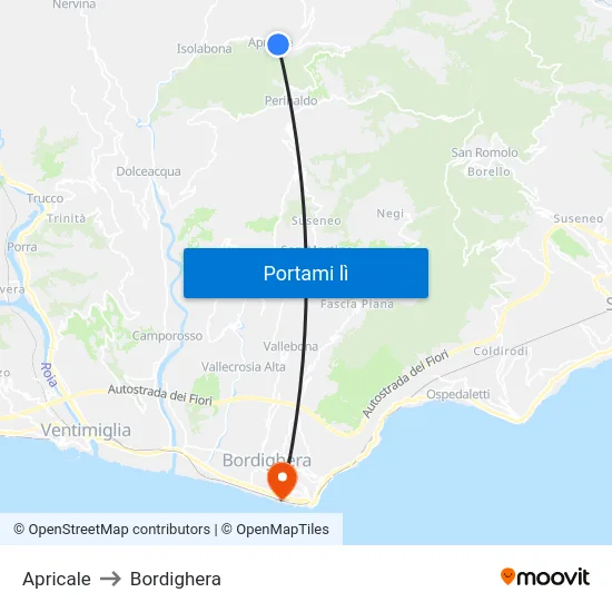 Apricale to Bordighera map