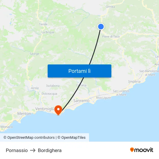 Pornassio to Bordighera map