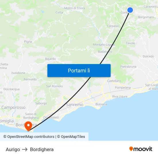 Aurigo to Bordighera map