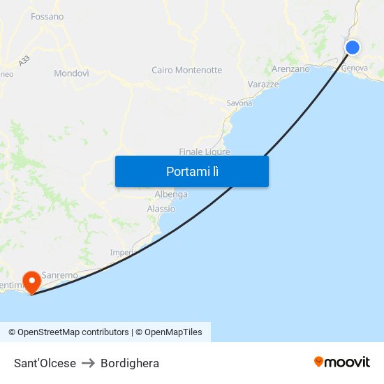 Sant'Olcese to Bordighera map