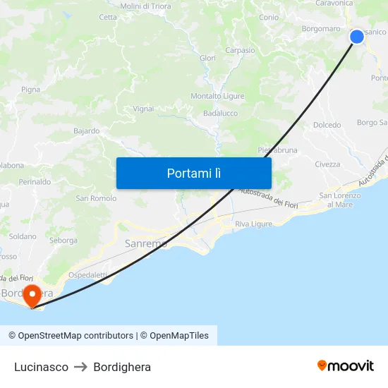 Lucinasco to Bordighera map