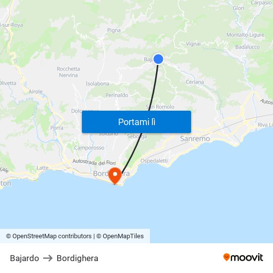 Bajardo to Bordighera map