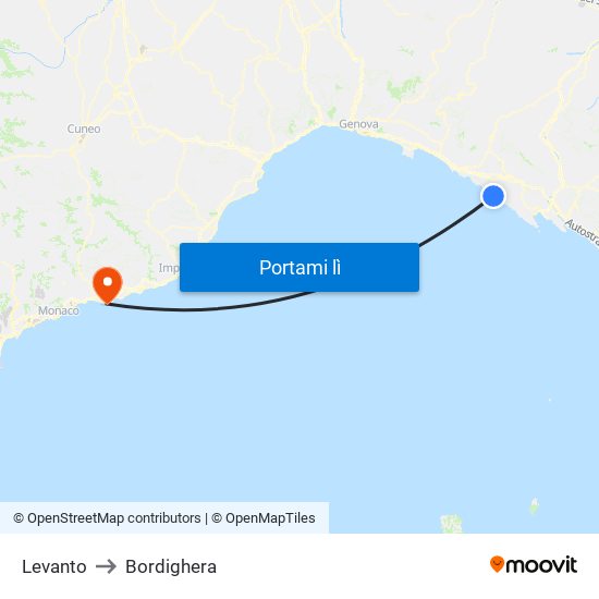 Levanto to Bordighera map