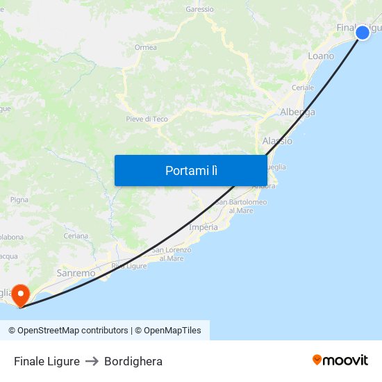 Finale Ligure to Bordighera map