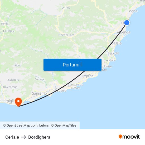 Ceriale to Bordighera map