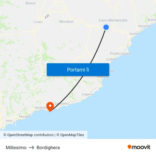 Millesimo to Bordighera map