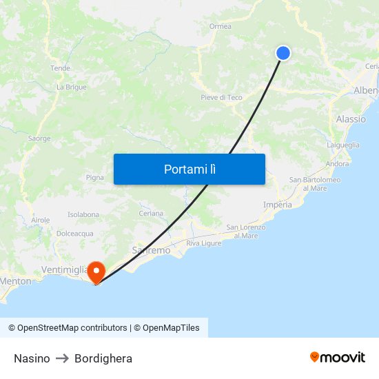 Nasino to Bordighera map