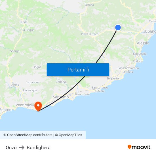 Onzo to Bordighera map