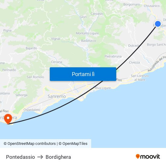 Pontedassio to Bordighera map