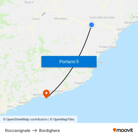 Roccavignale to Bordighera map