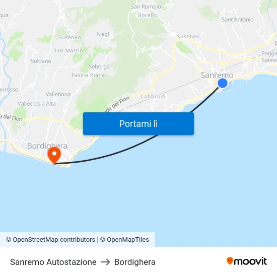 Sanremo Autostazione to Bordighera map