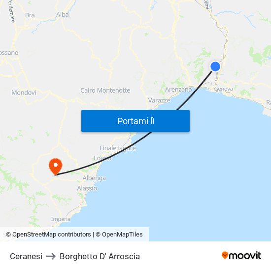 Ceranesi to Borghetto D' Arroscia map