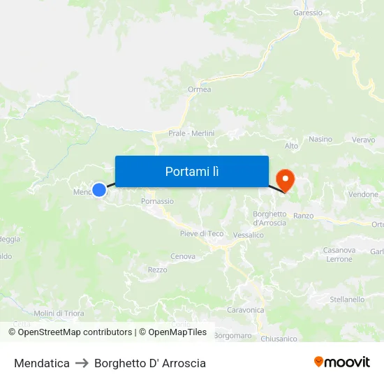 Mendatica to Borghetto D' Arroscia map