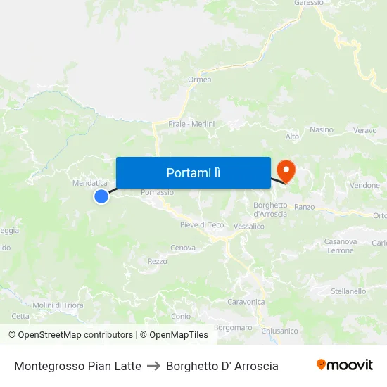 Montegrosso Pian Latte to Borghetto D' Arroscia map