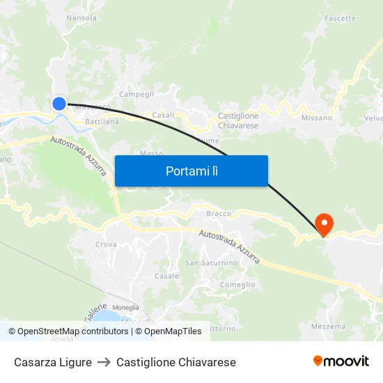 Casarza Ligure to Castiglione Chiavarese map