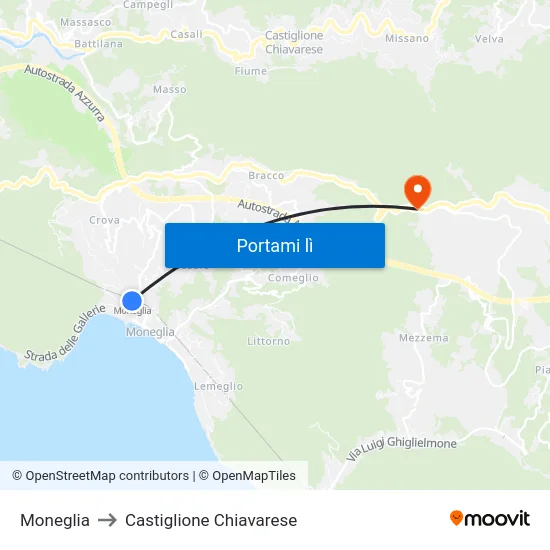 Moneglia to Castiglione Chiavarese map