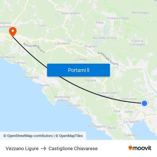 Vezzano Ligure to Castiglione Chiavarese map