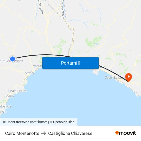 Cairo Montenotte to Castiglione Chiavarese map