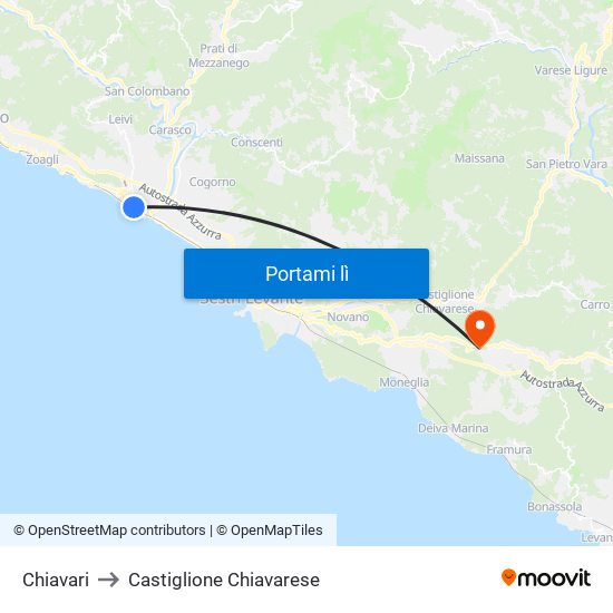 Chiavari to Castiglione Chiavarese map