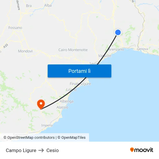 Campo Ligure to Cesio map