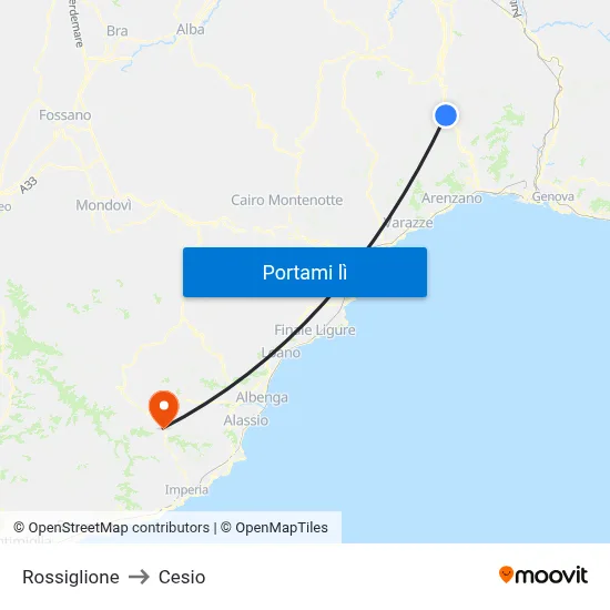 Rossiglione to Cesio map