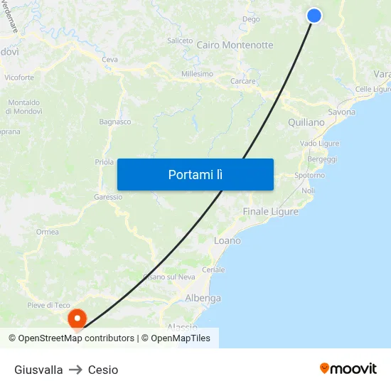 Giusvalla to Cesio map
