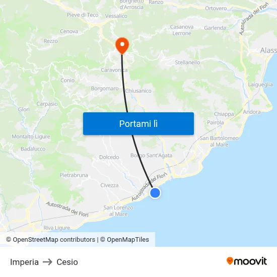 Imperia to Cesio map