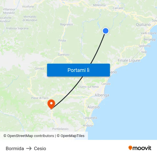 Bormida to Cesio map
