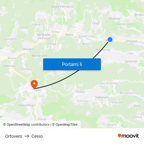 Ortovero to Cesio map