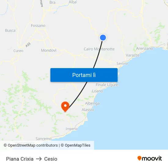 Piana Crixia to Cesio map