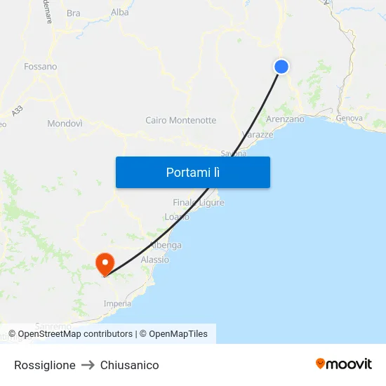 Rossiglione to Chiusanico map