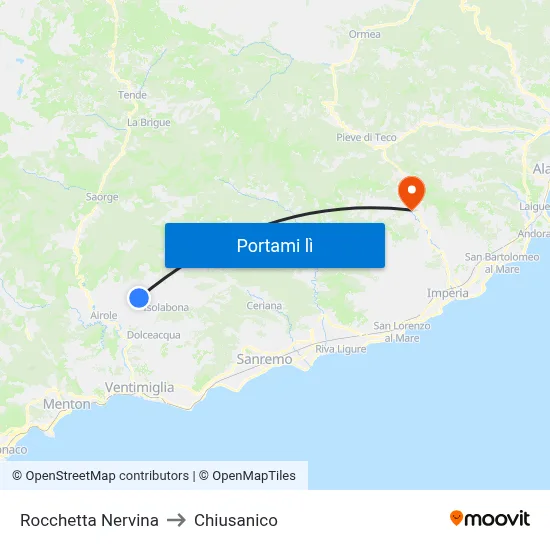 Rocchetta Nervina to Chiusanico map