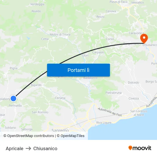 Apricale to Chiusanico map