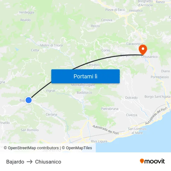 Bajardo to Chiusanico map