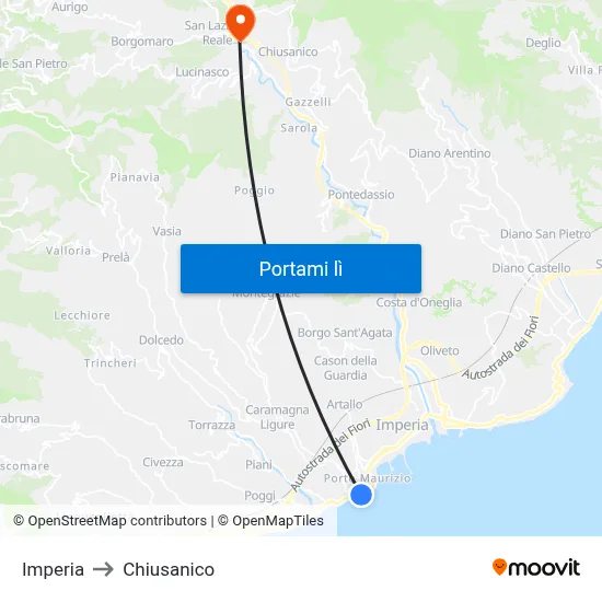 Imperia to Chiusanico map