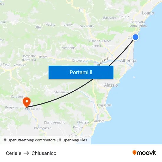 Ceriale to Chiusanico map